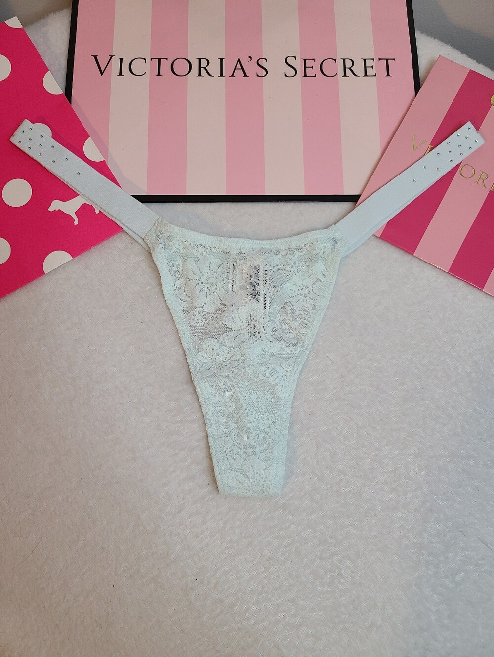 VS PINK Scattered Shine Strap Lace High Leg Thong Panty Size M Mint